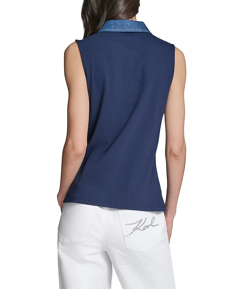 KARL LAGERFELD PARIS Jersey Knit Polo Collar Sleeveless Top