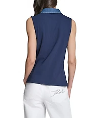KARL LAGERFELD PARIS Jersey Knit Polo Collar Sleeveless Top
