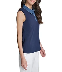 KARL LAGERFELD PARIS Jersey Knit Polo Collar Sleeveless Top
