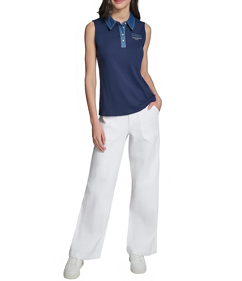 KARL LAGERFELD PARIS Jersey Knit Polo Collar Sleeveless Top