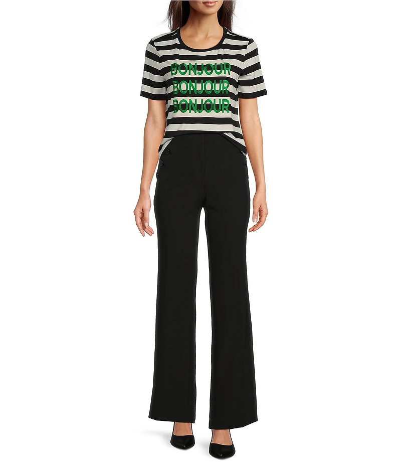 KARL LAGERFELD PARIS Jersey Knit Stripe Bonjour Crew Neck Short Sleeve Tee
