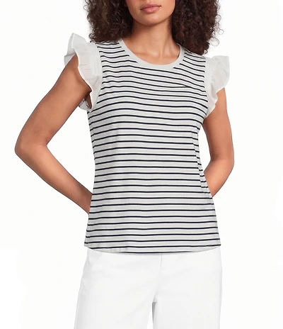 KARL LAGERFELD PARIS Jersey Knit Striped Boat Neck Sleeveless Tank
