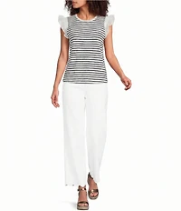 KARL LAGERFELD PARIS Jersey Knit Striped Crew Neck Sleeveless Tank