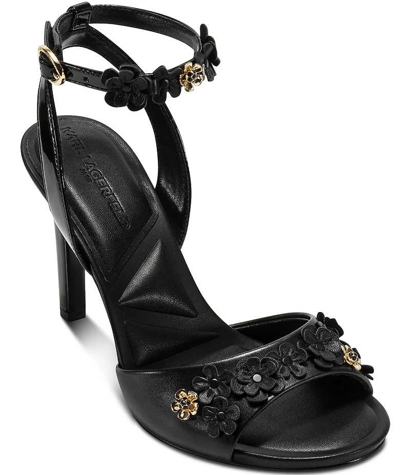 KARL LAGERFELD PARIS Kallie Leather Flower Ornamented Ankle Strap Dress Sandals