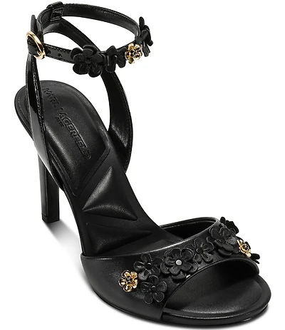KARL LAGERFELD PARIS Kallie Leather Flower Ornamented Ankle Strap Dress Sandals