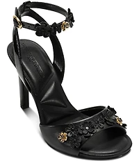 KARL LAGERFELD PARIS Kallie Leather Flower Ornamented Ankle Strap Dress Sandals