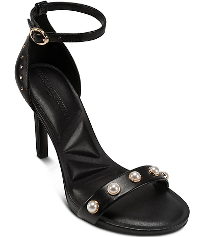 KARL LAGERFELD PARIS Kenz Pearl and Stud Ornamented Leather Ankle Strap Dress Sandals