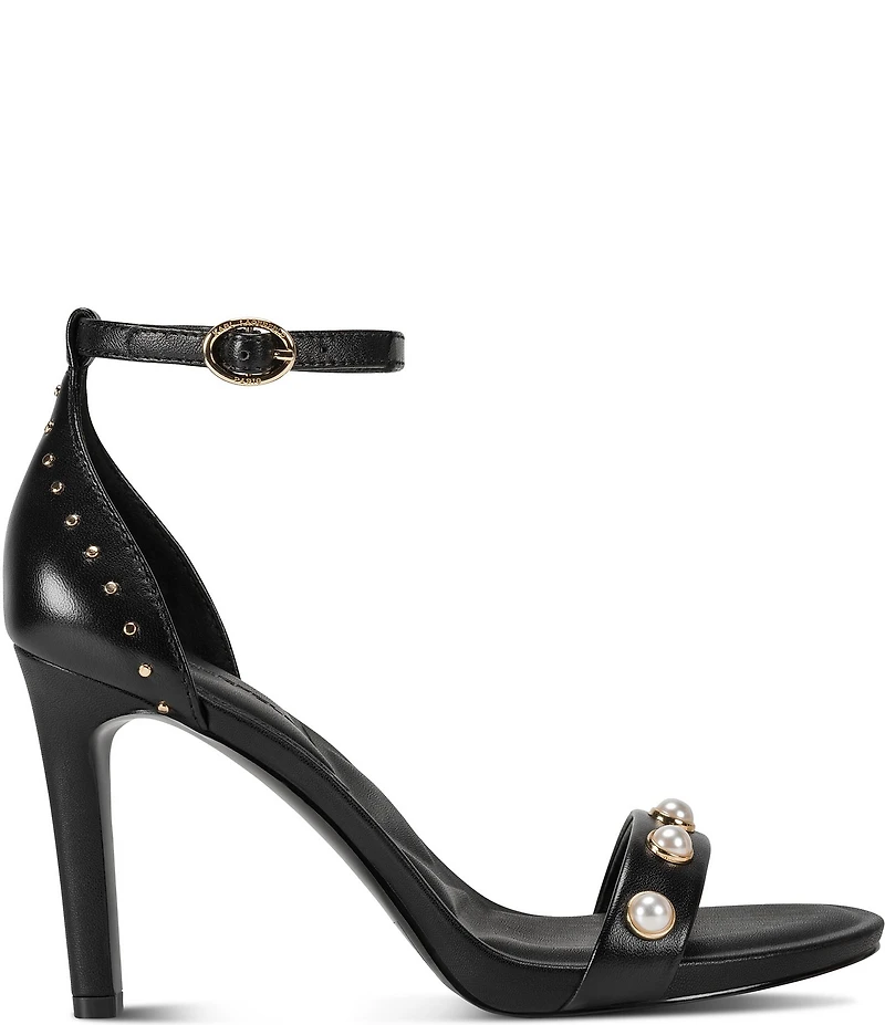 KARL LAGERFELD PARIS Kenz Pearl and Stud Ornamented Leather Ankle Strap Dress Sandals