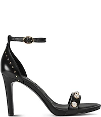 KARL LAGERFELD PARIS Kenz Pearl and Stud Ornamented Leather Ankle Strap Dress Sandals