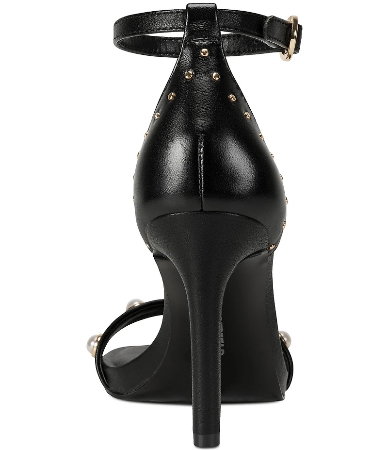 KARL LAGERFELD PARIS Kenz Pearl and Stud Ornamented Leather Ankle Strap Dress Sandals
