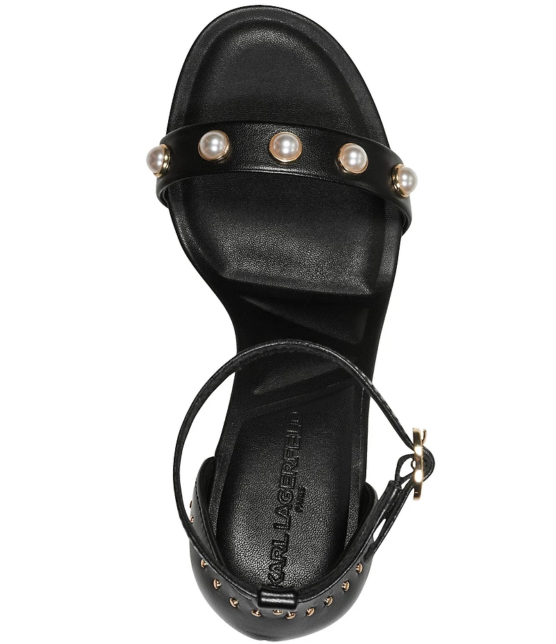 KARL LAGERFELD PARIS Kenz Pearl and Stud Ornamented Leather Ankle Strap Dress Sandals