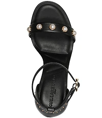 KARL LAGERFELD PARIS Kenz Pearl and Stud Ornamented Leather Ankle Strap Dress Sandals