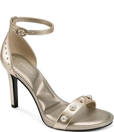 KARL LAGERFELD PARIS Kenz Pearl Studded Leather Ankle Strap Dress Sandals