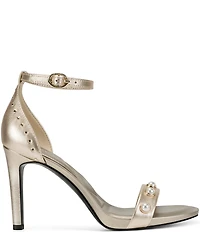 KARL LAGERFELD PARIS Kenz Pearl and Stud Ornamented Leather Ankle Strap Dress Sandals