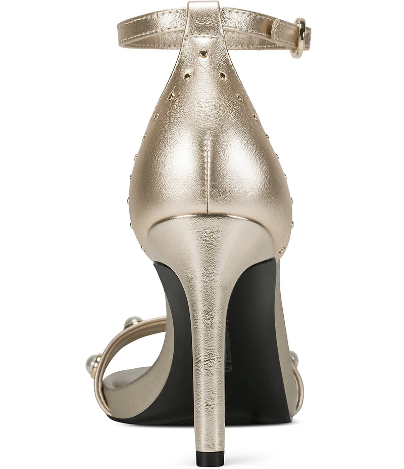 KARL LAGERFELD PARIS Kenz Pearl and Stud Ornamented Leather Ankle Strap Dress Sandals