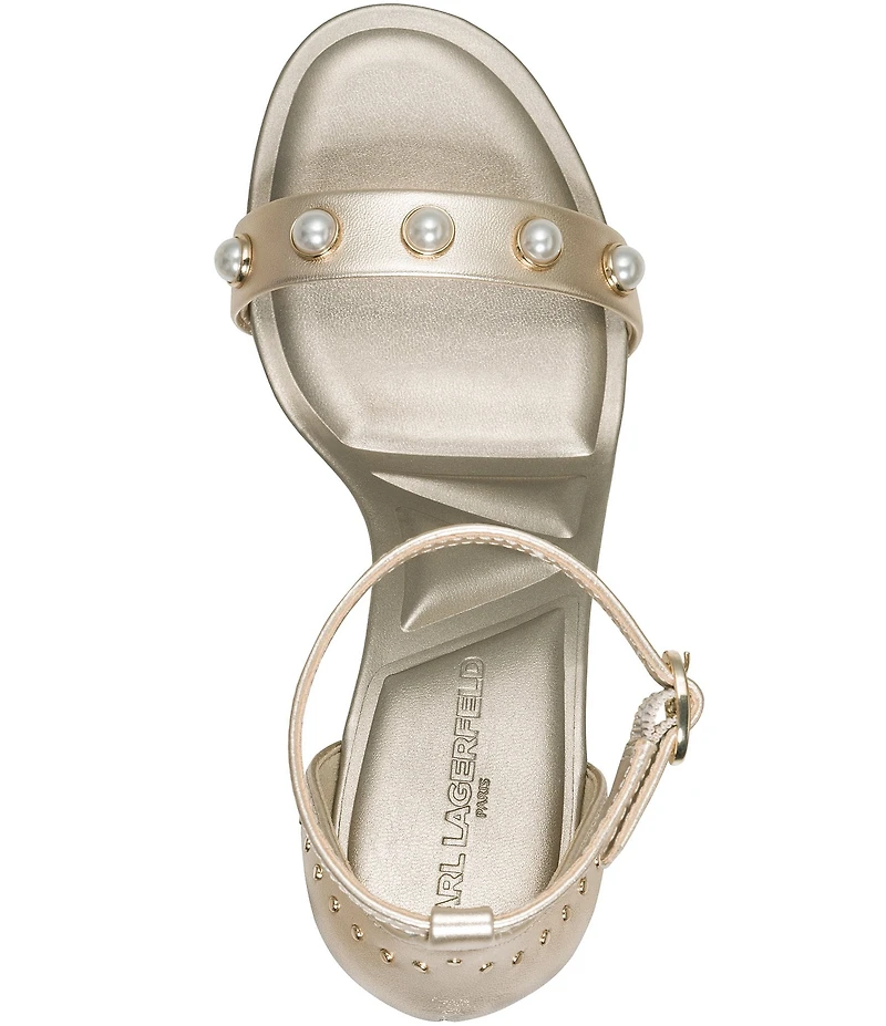 KARL LAGERFELD PARIS Kenz Pearl and Stud Ornamented Leather Ankle Strap Dress Sandals
