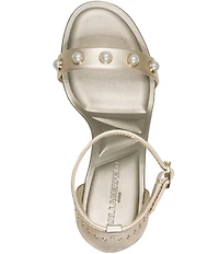 KARL LAGERFELD PARIS Kenz Pearl and Stud Ornamented Leather Ankle Strap Dress Sandals