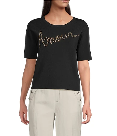 KARL LAGERFELD PARIS Knit Amour Crew Neck Short Sleeve Top