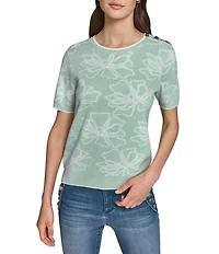 KARL LAGERFELD PARIS Knit Contrast Flower Round Neck Short Sleeve Top