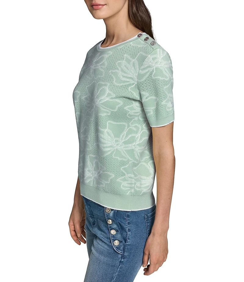 KARL LAGERFELD PARIS Knit Contrast Flower Round Neck Short Sleeve Top