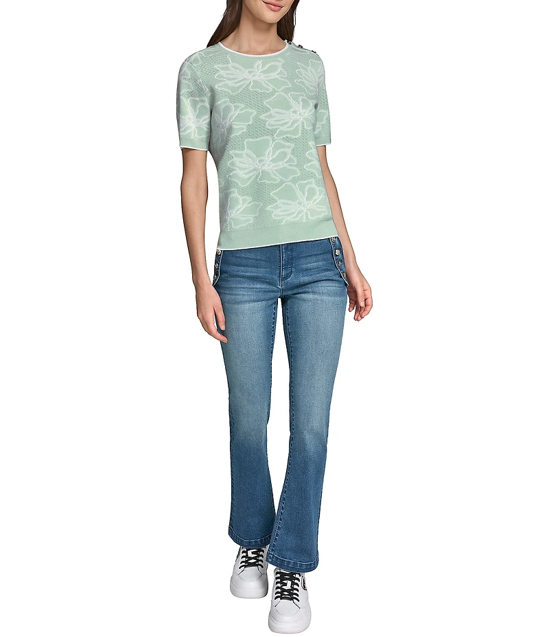 KARL LAGERFELD PARIS Knit Contrast Flower Round Neck Short Sleeve Top