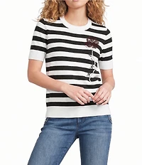 KARL LAGERFELD PARIS Knit Contrasting Embroidered Rose Crew Neck Short Sleeve Tee Shirt