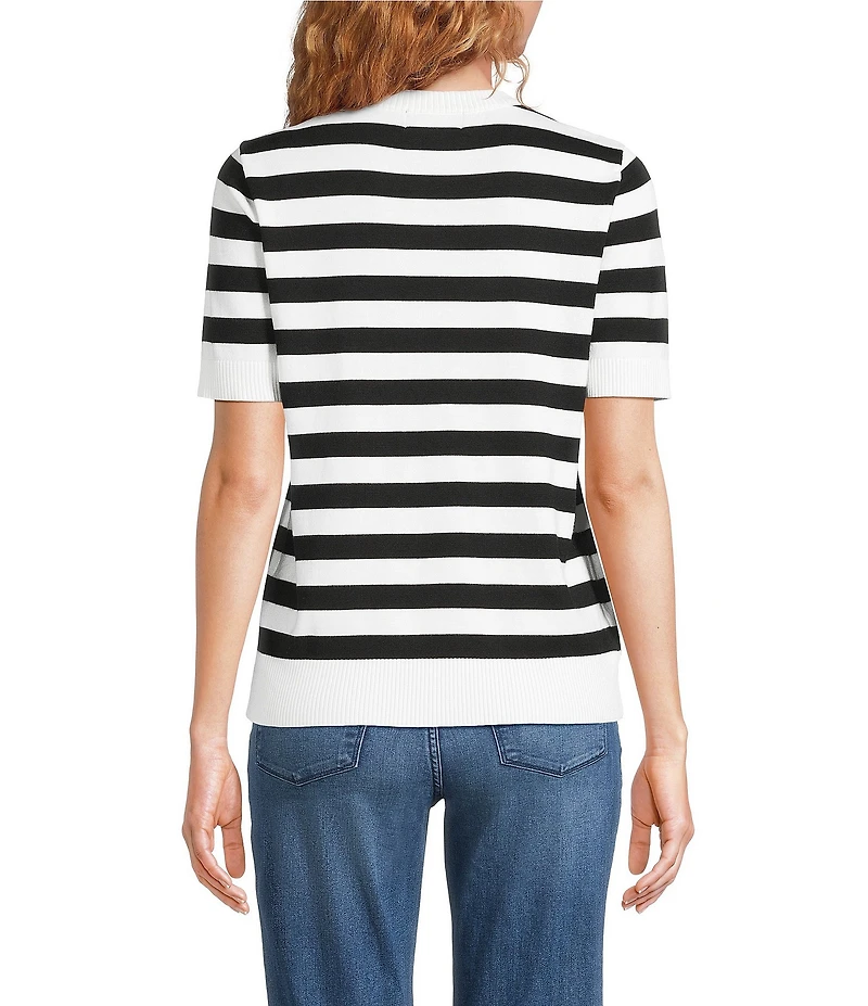 KARL LAGERFELD PARIS Knit Contrasting Embroidered Rose Crew Neck Short Sleeve Tee Shirt