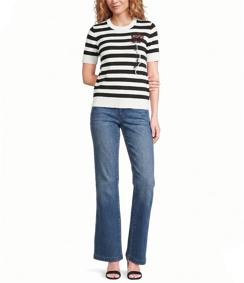 KARL LAGERFELD PARIS Knit Contrasting Embroidered Rose Crew Neck Short Sleeve Tee Shirt