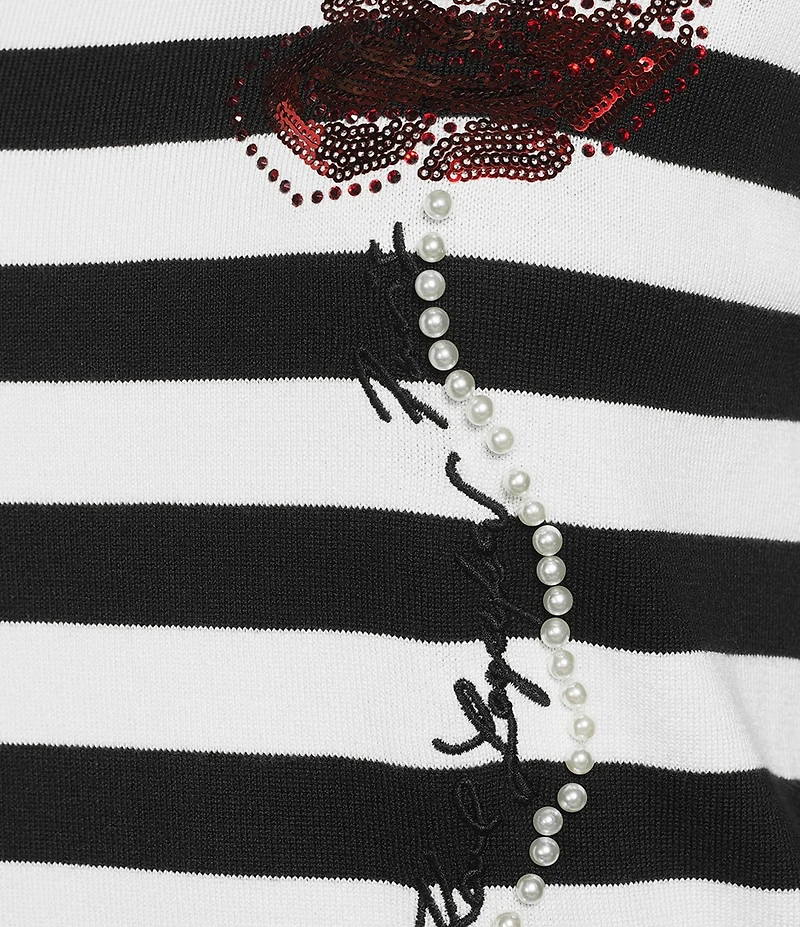 KARL LAGERFELD PARIS Knit Contrasting Embroidered Rose Crew Neck Short Sleeve Tee Shirt