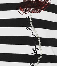 KARL LAGERFELD PARIS Knit Contrasting Embroidered Rose Crew Neck Short Sleeve Tee Shirt