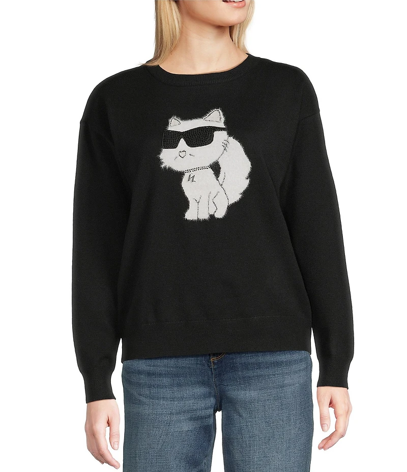 KARL LAGERFELD PARIS Knit Crew Neck Long Sleeve Choupette Sweater