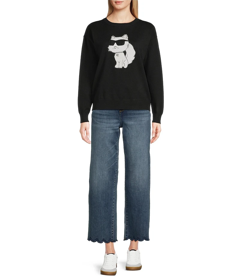 KARL LAGERFELD PARIS Knit Crew Neck Long Sleeve Choupette Sweater