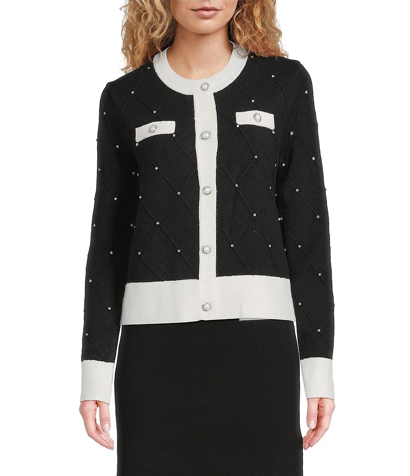 KARL LAGERFELD PARIS Knit Crew Neck Long Sleeve Contrast Trim Cardigan