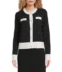 KARL LAGERFELD PARIS Knit Crew Neck Long Sleeve Contrast Trim Cardigan