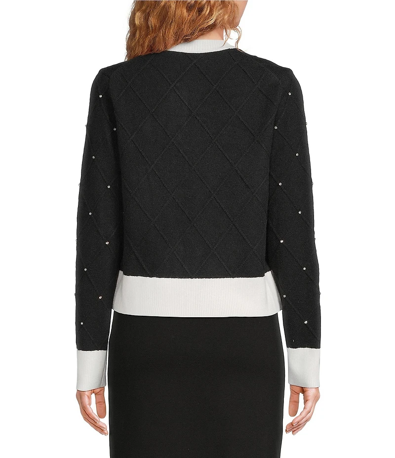 KARL LAGERFELD PARIS Knit Crew Neck Long Sleeve Contrast Trim Cardigan