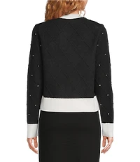 KARL LAGERFELD PARIS Knit Crew Neck Long Sleeve Contrast Trim Cardigan