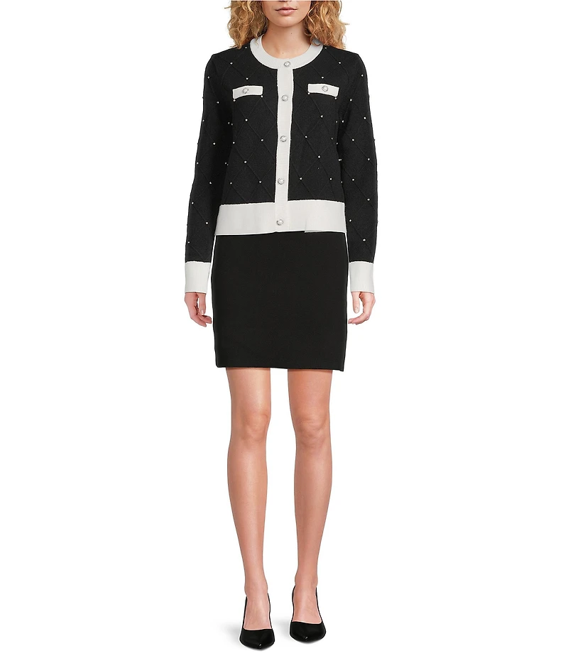 KARL LAGERFELD PARIS Knit Crew Neck Long Sleeve Contrast Trim Cardigan