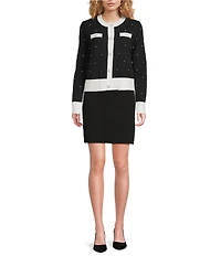 KARL LAGERFELD PARIS Knit Crew Neck Long Sleeve Contrast Trim Cardigan