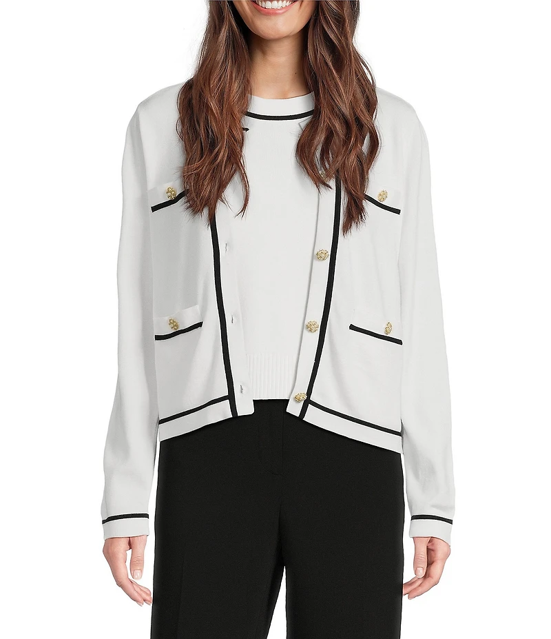 KARL LAGERFELD PARIS Knit Crew Neck Long Sleeve Embellished Button-Front Cardigan