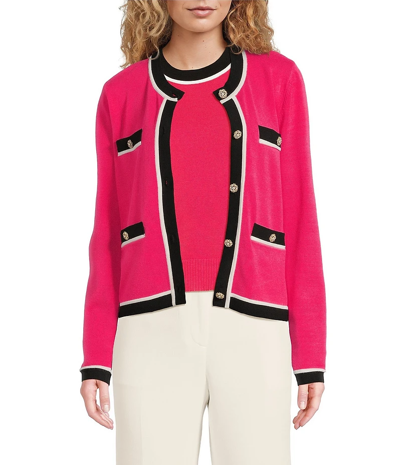 KARL LAGERFELD PARIS Knit Crew Neck Long Sleeve Embellished Button-Front Cardigan