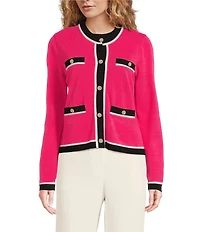 KARL LAGERFELD PARIS Knit Crew Neck Long Sleeve Embellished Button-Front Cardigan
