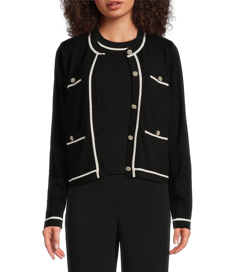 KARL LAGERFELD PARIS Knit Crew Neck Long Sleeve Embellished Button-Front Cardigan