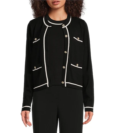 KARL LAGERFELD PARIS Knit Crew Neck Long Sleeve Embellished Button-Front Cardigan