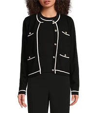 KARL LAGERFELD PARIS Knit Crew Neck Long Sleeve Embellished Button-Front Cardigan