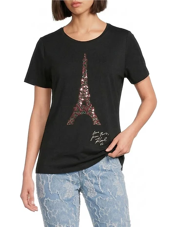 KARL LAGERFELD PARIS Knit Crew Neck Short Sleeve Eiffel Tower Logo Tee