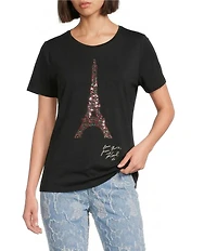 KARL LAGERFELD PARIS Knit Crew Neck Short Sleeve Eiffel Tower Logo Tee