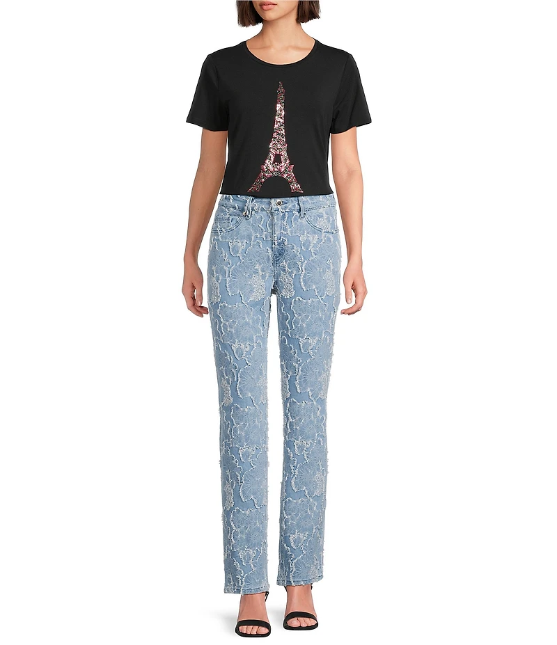 KARL LAGERFELD PARIS Knit Crew Neck Short Sleeve Eiffel Tower Logo Tee