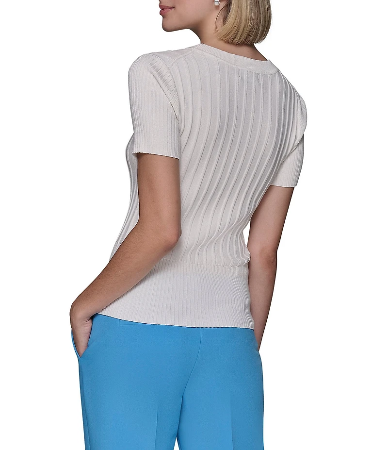 KARL LAGERFELD PARIS Knit Crew Neck Short Sleeve Ribbed Sweater