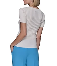 KARL LAGERFELD PARIS Knit Crew Neck Short Sleeve Ribbed Sweater