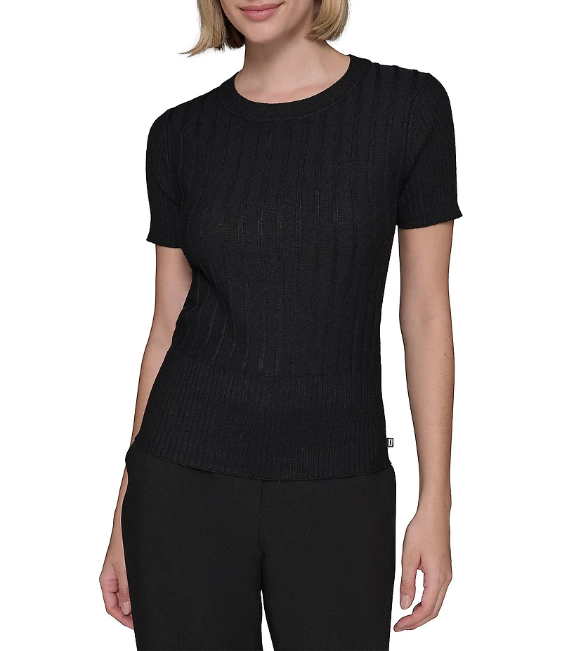 KARL LAGERFELD PARIS Knit Crew Neck Short Sleeve Ribbed Sweater